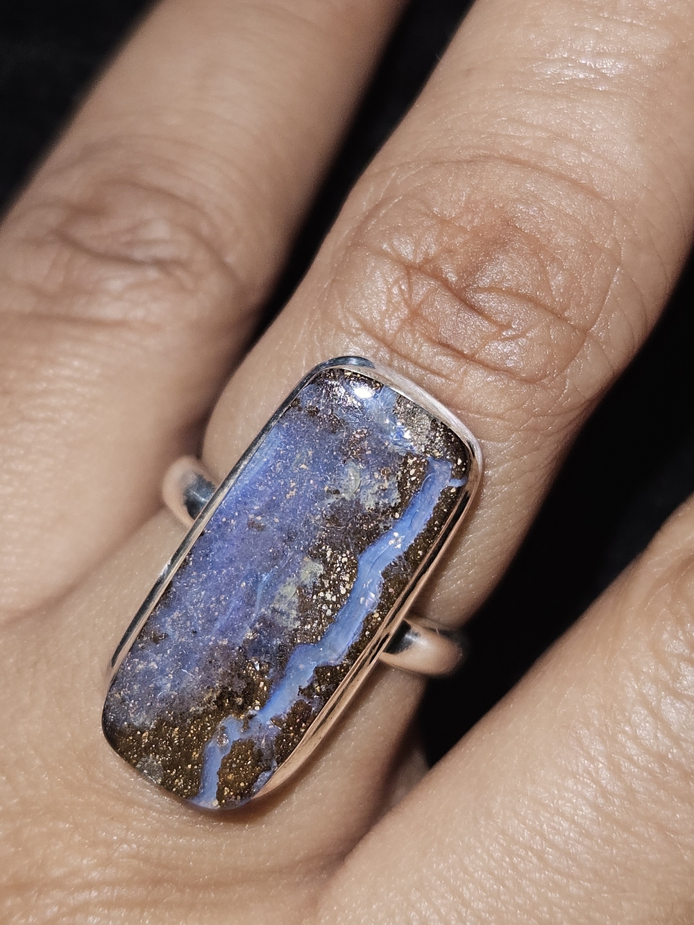925S Blue Boulder Opal Rectangular Ring